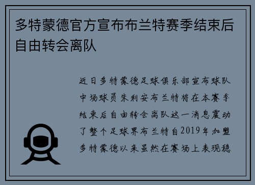 多特蒙德官方宣布布兰特赛季结束后自由转会离队 多特蒙德官方宣布布兰特赛季结束后自由转会离队